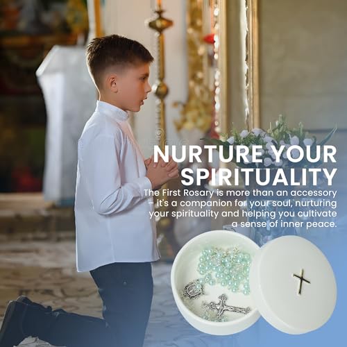 Baptism Gifts for Boys – Blue Rosary with Ceramic Keepsake Box and Card, Catholic Communion Gift, Christening and Baby Sho...
