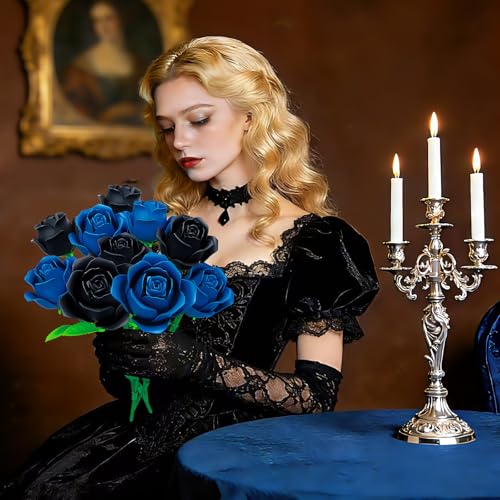 Sitodier 2 in 1 Flower Bouquet Building Set, 5pcs Black and 5pcs Blue Roses for Women Gilrs, Valentine's Day Gift for Love...