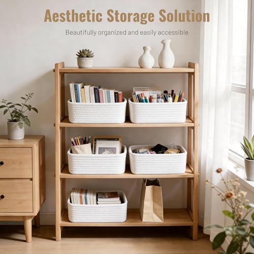 5 Pack White Small Woven Storage Baskets for Shelves, Cotton Rope Baskets Organizer for Bathroom, Closet & Nursery, Decora...