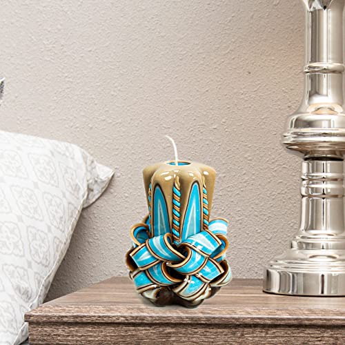 Carved Candle Artisan Handmade Decorative Dipped Candle 5 inch Blue Brown Fall Thanksgiving New Year Christmas Holiday Sea...