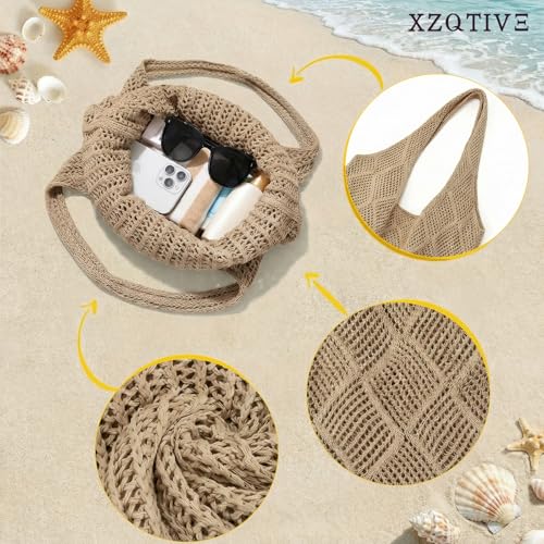 XZQTIVE Crochet Tote Bag for Women Mesh Beach bag for Summer Vacation Aesthetic Hobo Knit Shoulder Bag