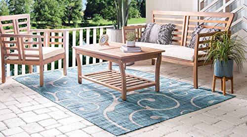 Unique Loom Outdoor Botanical Collection Area Rug - Curl (6' 1" x 9' Rectangle, Teal/ Ivory)