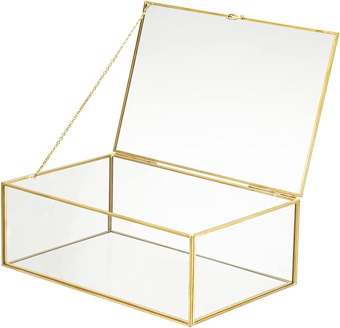 WHSLILR 10.8” Glass Jewelry Box Gold Card Box with Hinged Lid, Gold Keepsake Box for Storage Wedding Card, Trinkets, Photo...