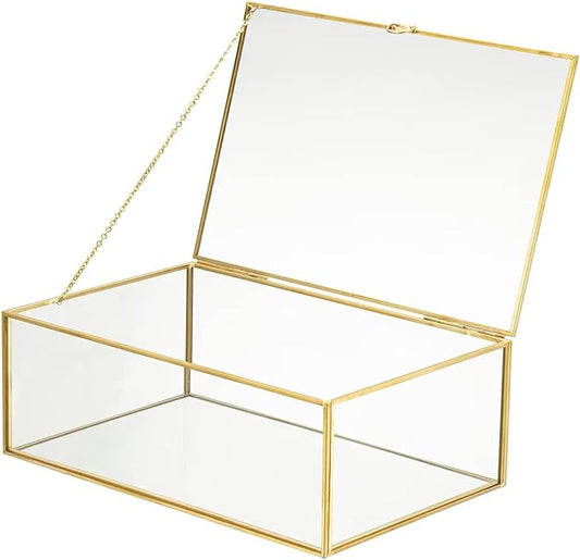 WHSLILR 10.8” Glass Jewelry Box Gold Card Box with Hinged Lid, Gold Keepsake Box for Storage Wedding Card, Trinkets, Photo...