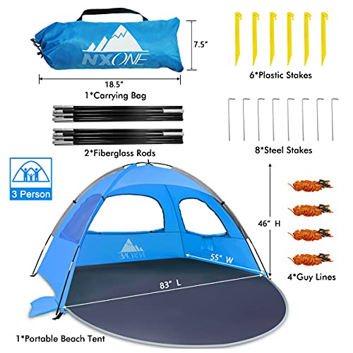 NXONE Beach Tent Sun Shelter with UPF 50+ UV Protection, Lightweight Easy Setup Portable Beach Canopy for Family, Large Sp...