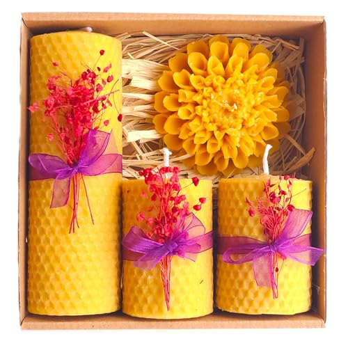 Petekoğlu Candle Beeswax Set of 4 Beeswax Candle Natural Set. Bees Wax Candle Gift Set (Purple Ribbon Decorated Floral)