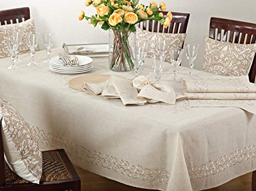 SARO LIFESTYLE Swirling Collection Embroidered Design Linen Blend Table Runner, 16" x 90", Natural