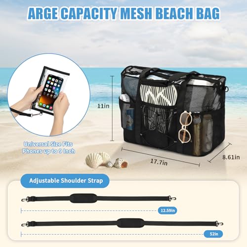 PIG PIG GIRL Mesh Beach Bag, Foldable Extra Large Beach Bags with Zipper Pool Bag with Portable Phone Pouch for Vacation Pool