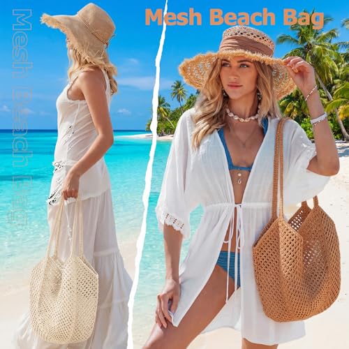 MBBEST Crochet Beach Bag for Women, Boho Mesh Knit Tote Purse, Handmade Cotton Summer