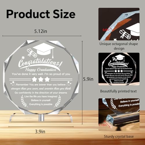 Graduation Gifts 2026, High School College Masters Degree PHD Graduation Gifts for Students, 3D Laser Engraved Crystal Kee...