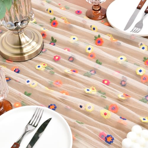Joanlody Champagne Embroidery Daisy Spring Summer Table Runner 10ft Florals Seasonal Easter Tulle Table Runner Holiday Kit...