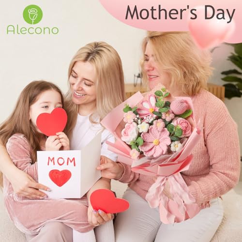 Alecono Crochet Flower Bouquet, Pink Handmade Knitted Flowers, Crochet Tulips Galsang Flower for Mother's Day Anniversary ...