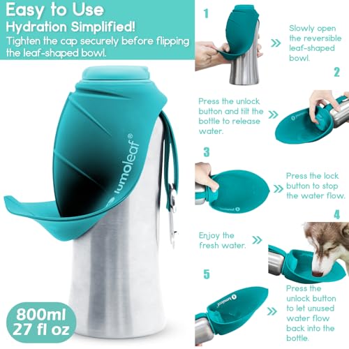 LumoLeaf Portable Dog Water Bottle 27 OZ, Stainless Steel Pet Travel Water Bottle Dispenser for Walking, Hiking and Outdoo...