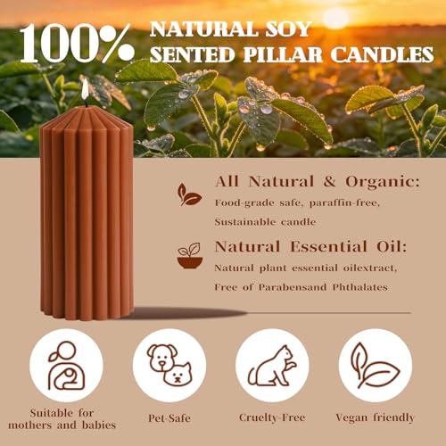 Burnt Orange Ribbed Pillar Candles Set of 3-Spiced Orange,Cinnamon & Clove Scented Soy Wax，Aesthetic Retro Textured Pillar...