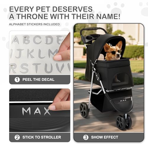 MoNiBloom Foldable Pet Stroller with Weather Cover, 3 Wheels Pet Strolling Cart for Small/Medium Dogs and Cats with Storag...