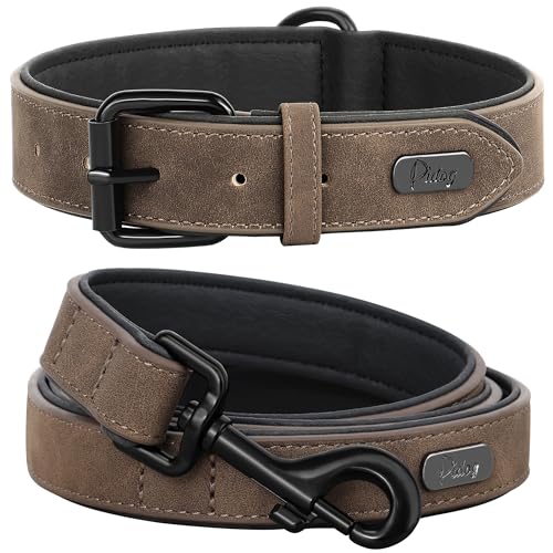 Didog Soft Padded Leather Dog Collar and Leash Set, Adjustable Dog Leash and Collar Set with Metal Buckle, Breathable Dog ...