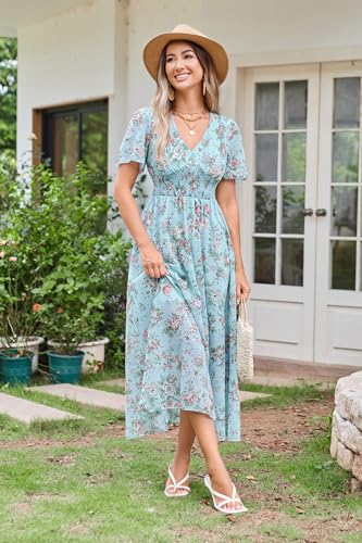 Women's Floral Maxi Dress Flowy V Neck Empire Waist Summer Wedding Guest Party Casual Chiffon Dress