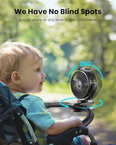 Koonie Portable Clip On Fan, Small Rechargeable Battery Operated, 3 Speed Mini clamp Fan With LED Display, 360° Rotate Per...