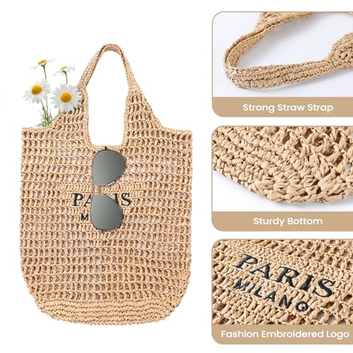 Pleneal Beach Bags for Women - Women Beach Tote Bag, Summer Mesh Hollow Straw Tote Bag for Holiday Market