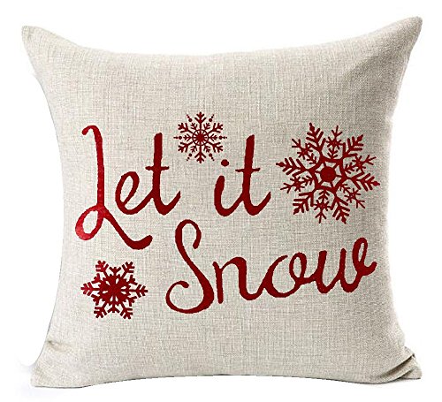 Andreannie Set of 4 Throw Pillow Cover Christmas Beige Shadow Let It Snow Snowflakes Red Cotton Linen Throw Pillow Case Cu...