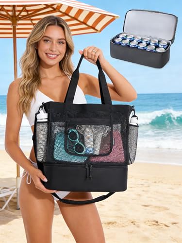 BAGSMART Beach Bag for Women, Mesh Tote Bags with Zipper, Sandproof Vacation Essentials with Cooler for Swim Cruise Pool