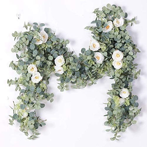 PARTY JOY 6.56ft Eucalyptus Garland with Flowers-8 White Roses, Artificial Fake Flowers Greenery Garland Floral Vines for ...
