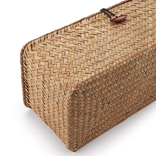 DECRAFTS Seagrass Storage Basket with Lid Rectangular Small Woven Shelf Baskets with Sections for Organize Snack Toys Tampon