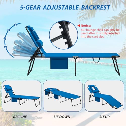 Candockway 400lbs Tanning Chair, 5-Fold Beach Lounge Chair with Face Hole & 2 Side Pockets, Non-Slip Foot & Portable Handl...