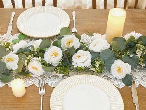 Aoztio 2 Pack 6Ft Artificial Eucalyptus Flower Garland with White Roses, Faux Floral Greenery Garland Fake Flower Vines fo...