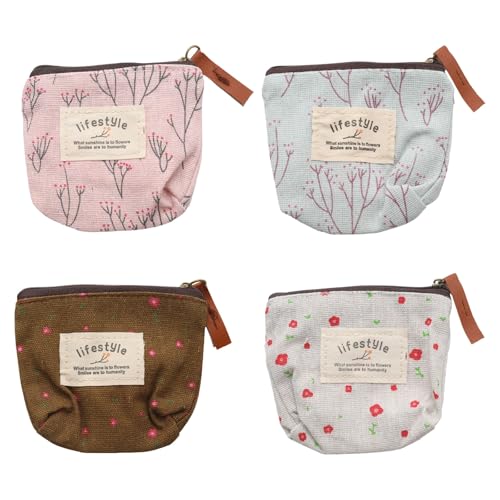 OYWOBET 4Pcs Mini Canvas Purse Coin Pouch, Mini Makeup Bags with Flower Pattern, Small Cosmetic Bag with Zipper Portable T...