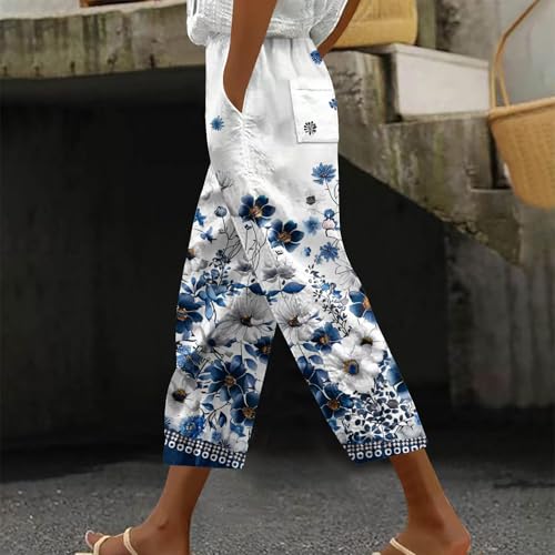 bawilom Hawaii Capri Pants for Women Casual Tropical Floral Print Pants Elastic High Waist Drawstring Summer Beach Trousers