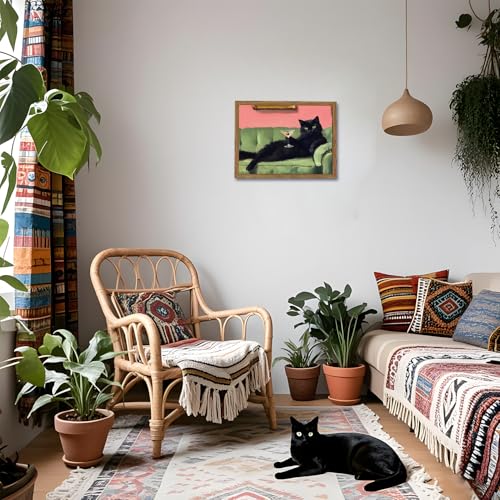 Funny Black Cat Martini Wall Art, Bar Cart Decor, Eclectic Cocktail Painting Canvas Print, Cute Animal Artwork Picture for...