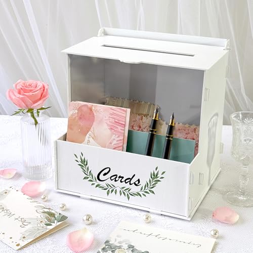 OurWarm Wooden Wedding Card Box with Acrylic Board & Flower Trough, White Gift Card Box for Wedding, Envelope Boxes for Gi...
