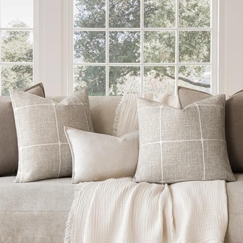 Foindtower Pack of 2 Decorative Faux Linen Jacquard Check Throw Pillow Covers Farmhouse Cushion Cover with Grid Textured A...