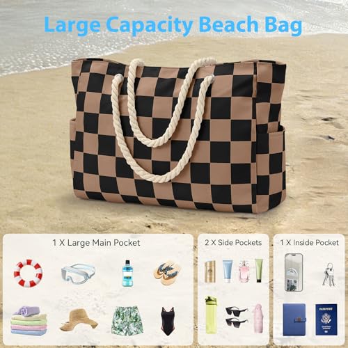 Becokan Beach Bags for Women Checkered Large Beach Tote Bag Zipper Beach Bags Waterproof Sandproof Canvas Swim Pool Bag