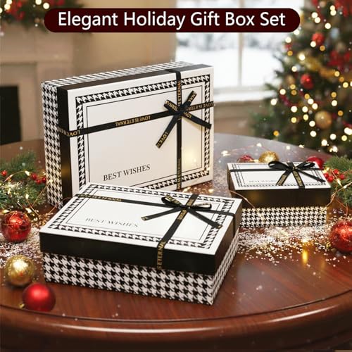 Giftilious Gift Box Set -(3 Sizes) Sturdy Gift Boxes with Lids for Presents - Elegant Black/White Boxes for Gift Wrapping