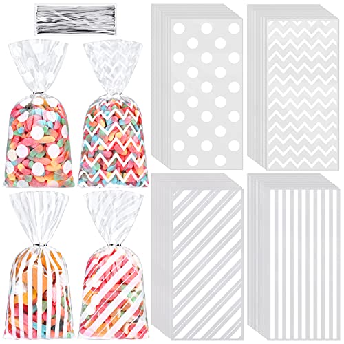 Aodaer 100 Pieces 10.6 x 5.1 In White Cellophane Bags Plastic Candy Gift Bag Cellophane Treat Bags with Twist Ties Stripes...