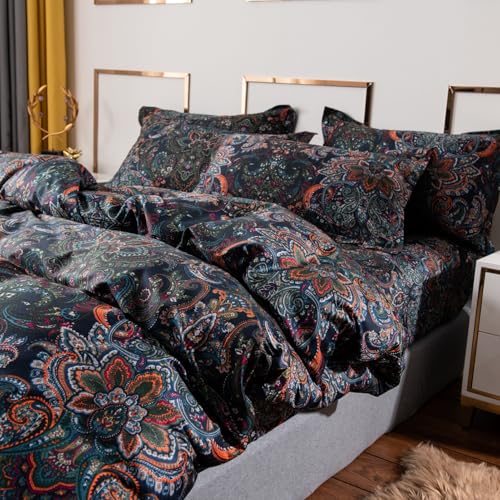 ABREEZE Luxury Vintage Black Duvet Cover Sets Damask Paisley Bedding Set Retro 100% Brushed Cotton Zipper Closure Bedding ...