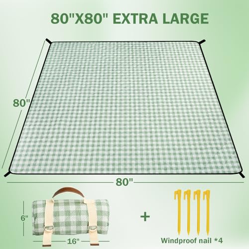 Extral Large Outdoor Waterproof Picnic Blanket With Shoulder Strap, 80"X80" 3-Layer Windproof Foldable Picnic Mat with Cor...