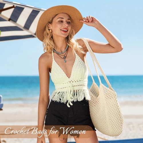 Crochet Tote Beach Bags for Women, Mesh Beach Tote Knit Bag, Summer Vacation Aesthetic Boho Hobo Shoulder Bag