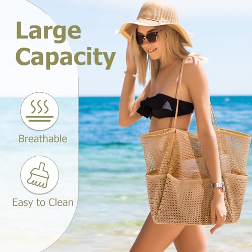 Iioscre Beach Bag for Women, Causal Hobo Pool Bags with Zipper Inner Pocket, Foldable Swim Tote Bag for Vacation Essentials