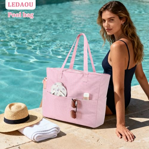 LEDAOU Large Beach Bag Women Waterproof Sandproof Zipper Beach Tote Pool Bag for Swim Gym Grocery Travel with Wet Pocket |...