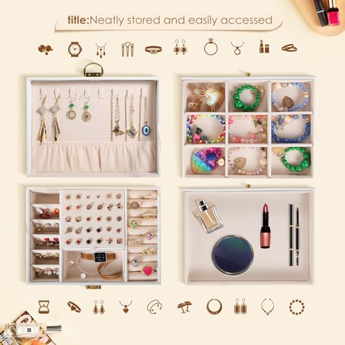 coobest 3 Layer Jewelry Box, Lockable Jewelry Holder Organizer with Jewelry Drawer, Large Jewelry Boxes & Organizer with V...