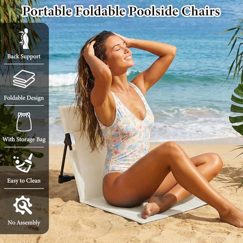 3 Pack Portable Poolside Chairs, Foldable Beach Chairs for Adults, Lightweight Legless Ground Seat with Carry Bag, Small B...