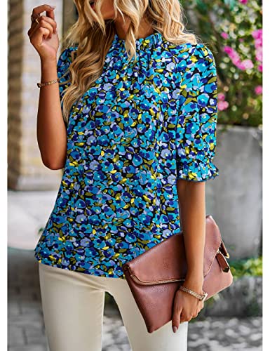 ZILIN Women's Summer Boho Floral Shirt Top Ruffle Mock Neck Puff Short Sleeve 2026 Casual Blouses