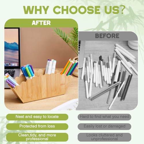 Jetec Scalloped Bamboo Wooden Pencil Holder, Desk Holder with 4 Slots for Desk Organizer Makeup Brushes Pens and Remote St...