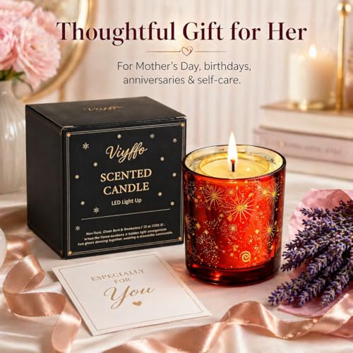 Viyffo 12oz LED Light Up Scented Candle, Lavender & Eucalyptus Soy Candle, Decorative Red Glass Jar Candle, Non Toxic Home...