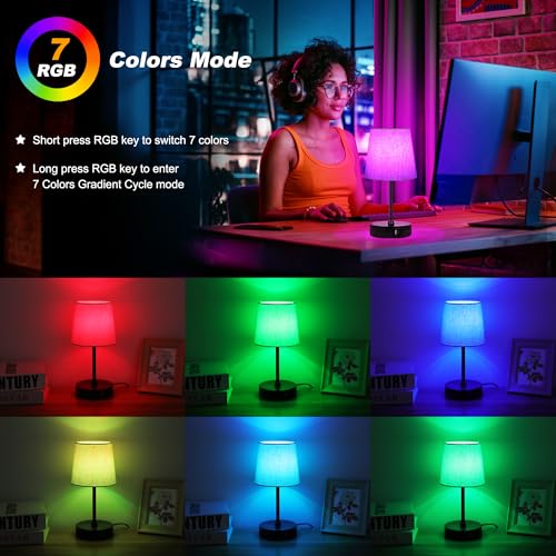 Ascher Small Bedside Table lamp, RGB Color Changing Lamps, 3 Color Temperatures, Dimmable Nightstand Lamp with USB C+A Por...