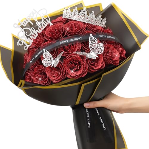 MEIVINES Glitter Roses Bouquet,Birthday Gifts for Women Mom,DIY Fake Flowers Bouquet with Birthday Stand-Up Signs,24 Red R...