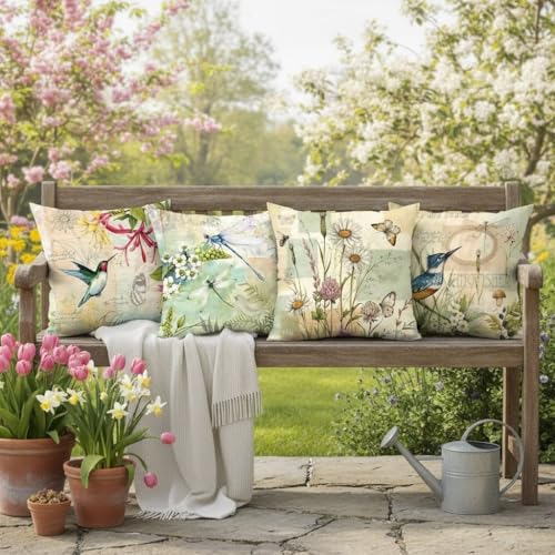 Hopomoon Throw Pillow Covers 18x18 Set of 4 Spring Summer Vintage Hummingbird Dragonfly Floral Rustic Garden Theme White L...
